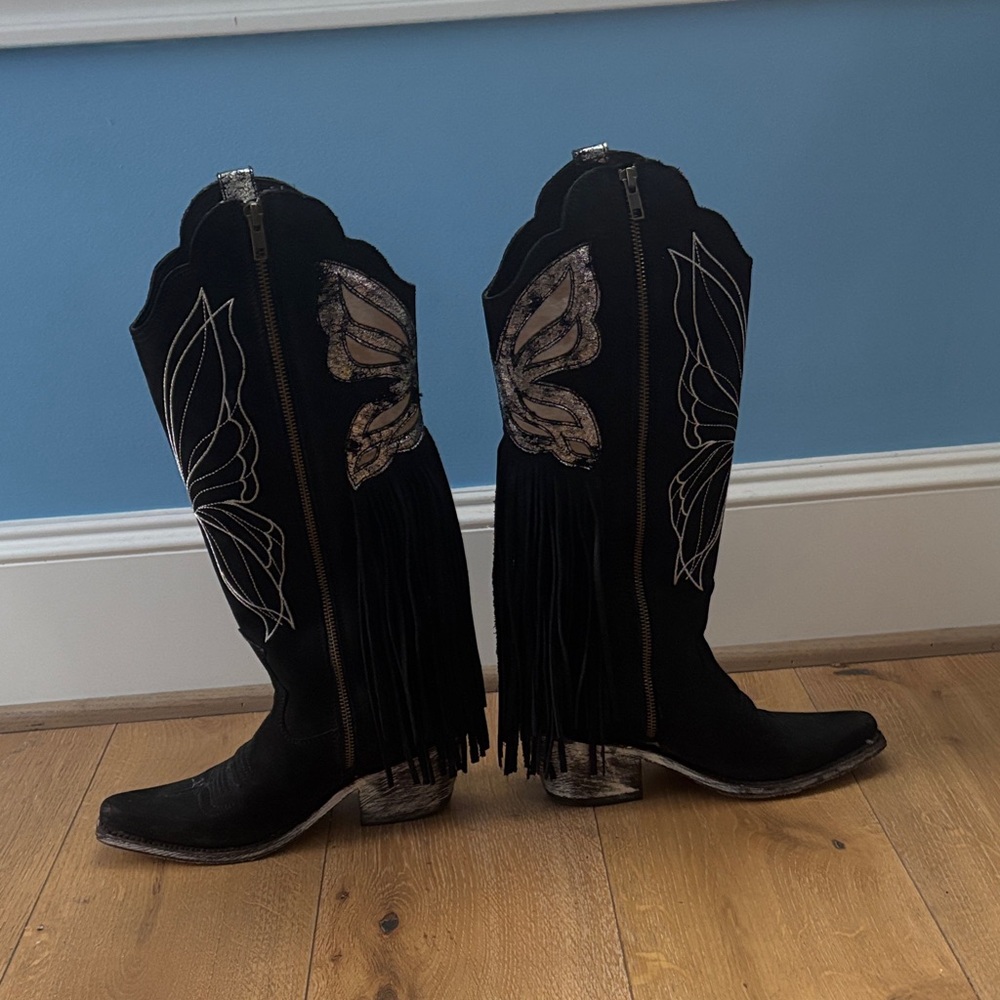 Black Butterfly Fringe Western Boots